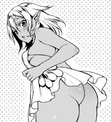 Rule 34 | 1girl, ass, blush, camisole, cowboy shot, dark-skinned female, dark skin, from behind, greyscale, halftone, halftone background, horns, lilia (usagi nagomu), looking at viewer, looking back, monochrome, no panties, oni horns, original, parted lips, pointy ears, solo, standing, usagi nagomu