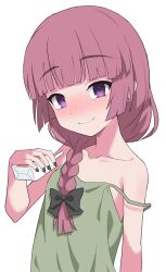 Rule 34 | 1girl, bare arms, bare shoulders, black nails, blunt bangs, blush, bocchi the rock!, braid, braided ponytail, closed mouth, collarbone, commentary request, dress, drink, drinking straw, earrings, fang, green dress, hair over shoulder, halulu, highres, hiroi kikuri, holding, holding drink, jewelry, looking at viewer, medium hair, nail polish, pink hair, purple eyes, simple background, single braid, sleeveless, sleeveless dress, smile, solo, strap slip, stud earrings, upper body, white background
