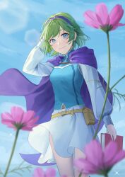 Rule 34 | 1girl, arm behind head, arm up, belt, belt pouch, blue eyes, blue sky, blurry, book, cape, cloak, depth of field, dress, e5nf8v, fire emblem, fire emblem: the blazing blade, green hair, hairband, highres, holding, holding book, long sleeves, looking at viewer, nino (fire emblem), nintendo, pouch, purple cape, purple hairband, short hair, sky, smile, solo, vest, white dress