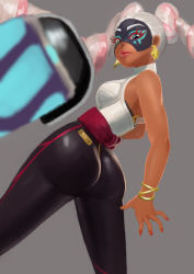Rule 34 | 1girl, arms (game), ass, bare arms, bare shoulders, black pants, blurry, boxing gloves, bracelet, breasts, closed mouth, colored eyelashes, cowboy shot, curvy, dark-skinned female, dark skin, depth of field, domino mask, drill hair, dutch angle, earrings, eyelashes, facing away, female focus, fingernails, from behind, green eyes, grey background, highres, hip focus, huge ass, jewelry, legs apart, lipstick, long hair, looking at viewer, looking back, makeup, mask, medium breasts, multicolored hair, nail polish, pants, pink hair, pink lips, red nails, shima (akkirasetsu op), shiny clothes, shirt, simple background, skin tight, sleeveless, sleeveless shirt, smile, solo, standing, streaked hair, thick thighs, thighs, tight clothes, tight pants, turtleneck, twin drills, twintails, twintelle (arms), very long hair, white hair, white shirt, yoga pants