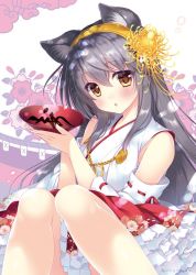 Rule 34 | 1girl, :o, animal ears, bare shoulders, blush, breasts, brown eyes, cat ears, cup, detached sleeves, flower, grey hair, hair between eyes, hair flower, hair ornament, hairband, haruna (kancolle), holding, holding cup, japanese clothes, kantai collection, large breasts, long hair, looking at viewer, nontraditional miko, red skirt, sakazuki, shigunyan, sitting, skirt, solo, yellow hairband
