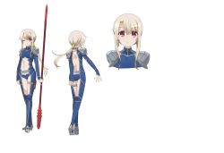 Rule 34 | 1girl, armor, blue panties, cosplay, cu chulainn (fate), cu chulainn (fate/stay night), cu chulainn (fate/stay night) (cosplay), fate/kaleid liner prisma illya, fate (series), full body, hair ornament, highres, holding, holding weapon, holster, illyasviel von einzbern, looking at viewer, midriff, navel, one eye closed, panties, pauldrons, polearm, ponytail, red eyes, shoulder armor, sidelocks, silver hair, solo, spear, standing, stomach, thigh holster, underwear, weapon