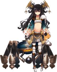 Rule 34 | 1girl, artist request, black hair, blunt bangs, bomb, explosive, flat chest, full body, gloves, hair ornament, long hair, midriff, navel, official art, oshiro project:re, oshiro project:re, pantyhose, pleated skirt, purple eyes, shigisan (oshiro project), simple background, skirt, transparent background, wavy hair, white gloves