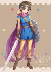 Rule 34 | 1girl, 2021, :d, blue dress, brown eyes, brown footwear, brown hair, cape, circlet, contrapposto, copyright name, dated, dragon quest, dragon quest iii, dress, earrings, full body, holding, holding shield, holding sword, holding weapon, jewelry, miyai sen, open mouth, pants, pants under dress, purple cape, roto (dq3), shield, shirt, short dress, short hair, smile, solo, standing, sword, weapon, yellow pants, yellow shirt