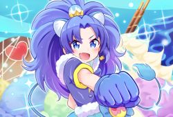 Rule 34 | 10s, 1girl, :d, animal ears, bad id, bad pixiv id, blue bow, blue eyes, blue gloves, blue hair, blue shirt, bow, check (check book), clenched hand, cure gelato, earrings, extra ears, food, gloves, heart, ice cream, jewelry, kirakira precure a la mode, lion ears, lion tail, long hair, looking at viewer, magical girl, name connection, object namesake, open mouth, precure, shirt, smile, solo, tail, tategami aoi, upper body