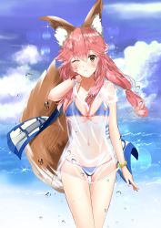 Rule 34 | 1girl, animal ears, bikini, bikini under clothes, blue bikini, blue sky, blush, breasts, brown eyes, cleavage, cloud, cloudy sky, collarbone, commentary request, day, fate/grand order, fate (series), fox ears, fox girl, fox tail, hair between eyes, head tilt, highres, long hair, looking at viewer, medium breasts, navel, ocean, one eye closed, outdoors, pink hair, see-through, shirt, short sleeves, sky, solo, swimsuit, tail, tail raised, tamamo (fate), tamamo no mae (fate/extra), tamamo no mae (swimsuit lancer) (fate), tamamo no mae (swimsuit lancer) (second ascension) (fate), teratsuki, water, wet, wet clothes, wet shirt, white shirt