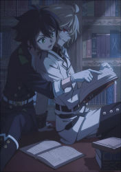 Rule 34 | 10s, 2boys, ahoge, black hair, blonde hair, book, fcc (fengcheche), gloves, green eyes, hand on another&#039;s shoulder, highres, hyakuya mikaela, hyakuya yuuichirou, male focus, military, military uniform, multiple boys, official style, open mouth, owari no seraph, pointing, red eyes, uniform, vampire, white gloves