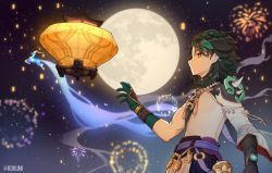 Rule 34 | 1boy, arm guards, arm tattoo, armor, asymmetrical clothes, bead necklace, beads, black gloves, black hair, closed mouth, deer, detached sleeves, facial mark, forehead mark, from side, genshin impact, gloves, green gloves, green hair, jewelry, lantern, lixiao lang, male focus, moon, multicolored hair, necklace, night, night sky, outdoors, parted bangs, pendant, short hair, short hair with long locks, shoulder armor, shoulder pads, shoulder spikes, sidelocks, single detached sleeve, sky, skybracer (genshin impact), solo, spikes, star (sky), starry sky, tassel, tattoo, two-tone hair, vision (genshin impact), wide sleeves, xiao (genshin impact), yellow eyes