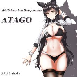 Rule 34 | 1girl, alternate costume, animal ears, arm support, atago (azur lane), atago (stunning speedster) (azur lane), azur lane, bikini, black bikini, black hair, breasts, brown eyes, brown thighhighs, character name, cleavage, commentary request, cowboy shot, extra ears, full body, high heels, large breasts, logo, long hair, looking at viewer, mole, mole under eye, navel, race queen, shiraishiakina, shrug (clothing), smile, solo, standing, swimsuit, thighhighs, title, twitter username, two-tone bikini, white background, wolf ears, wrist cuffs