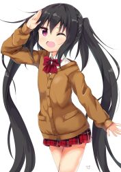 Rule 34 | 1girl, absurdres, amano kouki, black hair, cardigan, artistic error, highres, long hair, looking at viewer, md5 mismatch, note-chan, one eye closed, open mouth, original, purple eyes, salute, school uniform, simple background, smile, solo, twintails, very long hair, white background
