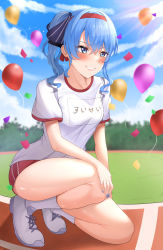 Rule 34 | 1girl, absurdres, balloon, blue eyes, blue hair, blue nails, blue ribbon, blue sky, blush, buruma, clothes writing, cloud, confetti, day, full body, grin, gym uniform, hair ribbon, hairband, highres, hololive, hoshimachi suisei, nail polish, outdoors, red buruma, red hairband, ribbon, shinigami kiraki, shirt, shoes, short shorts, shorts, side ponytail, sky, smile, sneakers, solo, squatting, star (symbol), star in eye, striped ribbon, sunlight, symbol in eye, t-shirt, teeth, thighs, track and field, virtual youtuber, white shirt