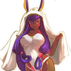 Rule 34 | 1girl, awata (awatav), bad id, bad pixiv id, breasts, competition swimsuit, dark-skinned female, dark skin, fate/grand order, fate (series), highres, hip focus, hood, medjed (fate), nitocris (fate), nitocris (fate/grand order), nitocris (swimsuit assassin) (fate), nitocris (swimsuit assassin) (second ascension) (fate), one-piece swimsuit, purple eyes, purple hair, simple background, smile, solo, swimsuit, thighs, wide hips