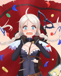 Rule 34 | 1girl, absurdres, ahoge, black gloves, blue bodysuit, blue eyes, blue mask, blue ribbon, blush, bodysuit, breasts, broken, broken chain, broken mask, chain, cleavage, coin, crying, earrings, fee (oskna1), fire emblem, fire emblem heroes, gloves, gold chain, gold coin, highres, jewelry, leather belt, long hair, looking at viewer, low twintails, lucius (fire emblem), mask, unworn mask, medium breasts, nina (fire emblem), nintendo, open mouth, parted bangs, raven (fire emblem), ribbon, tearing up, turtleneck, twintails, white hair