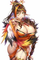Rule 34 | 1girl, absurdres, braid, breasts, bridal gauntlets, brown hair, cleavage, commentary request, curvy, death ball (game), detached collar, earrings, feather trim, feathers, garter straps, green eyes, hair ornament, hair over shoulder, hand on own hip, highres, huge breasts, japanese clothes, jewelry, kura kura, lips, long hair, looking at viewer, mole, mole on breast, mole under eye, mole under mouth, multicolored hair, orange hair, parted lips, pointy ears, senri gan, shiny clothes, shiny skin, simple background, single braid, smile, solo, thighhighs, thighs, very long hair, white background