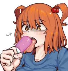 Rule 34 | 1girl, bad id, bad twitter id, blue shirt, brown eyes, commentary request, cookie (touhou), eating, food, hair bobbles, hair ornament, highres, holding, holding food, looking at food, ohasi, onozuka komachi, open mouth, orange hair, shaded face, shirt, shishou (cookie), short hair, simple background, solo, tongue, tongue out, touhou, two side up, upper body, white background