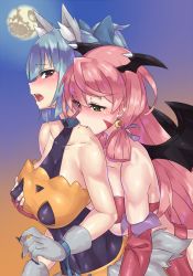 Rule 34 | 10s, 2girls, akashi (kancolle), bare shoulders, biting, blood, blush, grabbing another&#039;s breast, breast press, breasts, brown eyes, demon wings, earrings, covered erect nipples, grabbing, grabbing from behind, green eyes, halloween, head wings, highres, jewelry, kantai collection, large breasts, long hair, md5 mismatch, mizuumi (bb), moon, multiple girls, neck biting, ponytail, very long hair, wings, yuri, yuubari (kancolle)