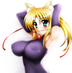 Rule 34 | 10s, 1girl, animal ears, armpits, arms up, blonde hair, blush, breasts, covered erect nipples, dog days, elbow gloves, fox ears, gloves, green eyes, highres, impossible clothes, island (kossori), large breasts, long hair, looking at viewer, mouth hold, nipples, puffy nipples, see-through, simple background, skin tight, smile, solo, white background, yukikaze panettone