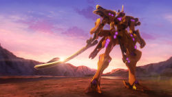 Rule 34 | cloud, commentary request, glowing, glowing eyes, holding, holding sword, holding weapon, lens flare, mecha, mountain, mountainous horizon, muv-luv, muv-luv alternative, muv-luv total eclipse, no humans, official art, purple eyes, purple sky, robot, sky, standing, sunrise, sword, twilight, type 00 takemikazuchi, weapon