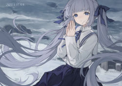 Rule 34 | 1girl, absurdres, blue eyes, blunt bangs, blush, daichengqi, dated, floating hair, grey hair, hair ribbon, highres, long hair, long sleeves, looking at viewer, neck ribbon, ocean, original, own hands together, parted lips, ribbon, school uniform, signature, skirt, solo, twintails, very long hair
