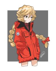 Rule 34 | 1girl, artist name, blonde hair, border, bow, braid, braided ponytail, carol malus dienheim, casual, closed mouth, coat, commentary, cropped legs, english text, frown, green eyes, grey background, hair bow, hands in pockets, highres, hood, hood down, hooded coat, long hair, looking to the side, mole, mole under eye, red bow, red coat, red shirt, senki zesshou symphogear, shirt, signature, single braid, solo, standing, turtleneck, very long hair, white border, zono (inokura syuzo029)