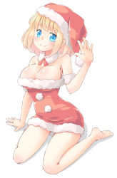 Rule 34 | 1girl, alice margatroid, arm support, arnest, bare arms, bare legs, bare shoulders, barefoot, blonde hair, blue eyes, breasts, cleavage, detached collar, dress, full body, hand up, hat, large breasts, looking at viewer, pom pom (clothes), red dress, red hat, santa costume, santa hat, simple background, sitting, smile, solo, touhou, waving, white background
