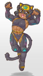 Rule 34 | 1girl, black hair, boots, breasts, cat mask, cat tail, chaps, dark-skinned female, dark skin, highres, knee pads, mask, medium breasts, muscular, muscular female, open mouth, original, shrug (clothing), standing, tail, wrestling outfit, yosiyuki yosizou