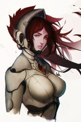 Rule 34 | 1girl, bodysuit, breasts, distr, eldar, facial mark, floating hair, forehead mark, helmet, highres, large breasts, looking at viewer, parted lips, red eyes, red hair, signature, simple background, solo, spacecraft, warhammer 40k, white background