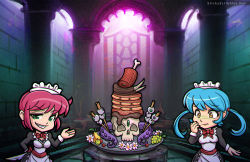 Rule 34 | apron, architecture, blue eyes, blue hair, bow, bowtie, brown eyes, calamari, chibi, chopsticks, display, eyeball, flower, flustered, food, forelock, french maid (outfit), fruit, gorgon&#039;s manor, gothic architecture, grapes, green eyes, hairtie, highres, juliet sleeves, knife, lace-trimmed apron, lace trim, long sleeves, meat, molly (stickyscribbles), pear, pink hair, puffy sleeves, purple background, purple eyes, sausage, smug, sophie (stickyscribbles), stickyscribbles, third eye, twintails, watermark, web address