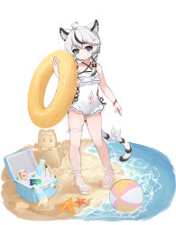 Rule 34 | 1girl, absurdres, animal ear fluff, animal ears, bare shoulders, beach, beach volleyball, black hair, blue eyes, can, cat ears, cat girl, cat tail, clothing cutout, drink can, full body, highres, innertube, jinfengkaze, leg ribbon, multicolored hair, navel, navel cutout, one-piece swimsuit, original, refrigerator, ribbon, sand, sand castle, sand sculpture, sandals, soda can, starfish, streaked hair, striped tail, swim ring, swimsuit, tail, tail ornament, tail ribbon, thigh ribbon, water, white hair, white one-piece swimsuit