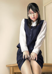 Rule 34 | 1girl, belted, belted dress, brown hair, clasped dress, dacchan, desk, dress, glasses, office lady, pantyhose, photorealistic, realistic, solo, tight dress