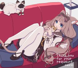 Rule 34 | 1girl, :3, absurdres, animal ear fluff, animal ears, brown dress, brown hair, brown sailor collar, cat, cat ears, cat girl, cat tail, couch, cushion, dress, high heels, highres, kame (kamepan44231), leggings, long sleeves, original, sailor collar, tail, white leggings