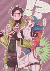 Rule 34 | !?, 1boy, 1girl, animification, apex legends, black gloves, black hair, black pants, blonde hair, blue headwear, blush, bodysuit, cable, collarbone, crypto (apex legends), gloves, hand in another&#039;s pocket, highres, holding, hood, hooded bodysuit, hooded jacket, jacket, jewelry, m (mrtarou), necklace, orange jacket, pants, partially fingerless gloves, smile, speech bubble, surprised, translation request, wattson (apex legends), white bodysuit, white jacket