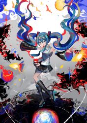 Rule 34 | 1girl, abstract background, absurdres, black footwear, black skirt, blue eyes, blue hair, blue nails, blue necktie, blush, boots, colorful, commentary, detached sleeves, english commentary, fish, floating, floating hair, foot up, full body, grey shirt, hair ornament, hatsune miku, high heel boots, high heels, highres, knee boots, long hair, looking ahead, multicolored background, necktie, open mouth, orbital path, outstretched arms, pleated skirt, ringed eyes, sajou denryoku, shirt, shoulder tattoo, simple bird, skirt, sleeveless, sleeveless shirt, smile, solo, sparkle, spread arms, tattoo, twintails, very long hair, vocaloid, wide sleeves