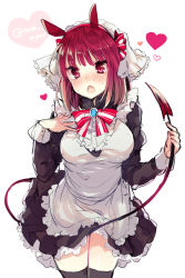 Rule 34 | 1girl, animal ears, apron, between legs, black thighhighs, blush, bow, bowtie, breasts, demon tail, eyebrows, hair ribbon, hairband, heart, holding tail, ikeuchi tanuma, large breasts, looking at viewer, maid, open mouth, original, red eyes, red hair, ribbon, short hair, simple background, solo, standing, tail, thighhighs, twitter username, veil, waist apron, white background