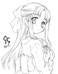 Rule 34 | 1girl, 95-tan, aoi kumiko, bow, eyebrows, from behind, greyscale, half updo, holding, japanese clothes, kimono, long sleeves, looking at viewer, looking back, monochrome, os-tan, parted bangs, sash, simple background, solo, upper body, white background