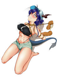 Rule 34 | 1girl, abs, absurdres, arknights, arms behind back, barefoot, baseball cap, bdsm, bikini, bikini top only, blue hair, bondage, bound, ch&#039;en (arknights), ch'en (arknights), commission, dragon horns, dragon tail, female tourist c (arknights), hat, highres, horns, navel, official alternate costume, red eyes, restrained, rope, seiza, shinebell, short shorts, shorts, sitting, solo, swimsuit, tail, water