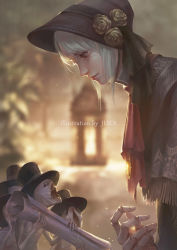 Rule 34 | 1girl, artist name, ascot, black headwear, bloodborne, blurry, blurry background, bonnet, capelet, cloak, commentary, doll joints, flower, from side, hat, hat flower, highres, holding, holding scroll, jewelry, jlien-, joints, looking down, necklace, plain doll, scroll, short hair, silver hair, top hat, yellow flower