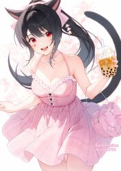 Rule 34 | 1girl, animal ears, bare shoulders, black border, black hair, border, breasts, cat ears, cat tail, choker, cleavage, commentary, commission, cup, disposable cup, dress, facial mark, final fantasy, final fantasy xiv, heart, heart choker, heart facial mark, highres, long hair, looking at viewer, lyra-kotto, medium breasts, miqo&#039;te, open mouth, pink dress, ponytail, simple background, solo, tail, warrior of light (ff14), whisker markings