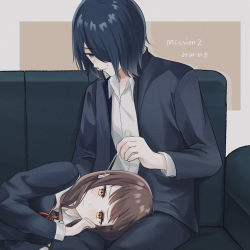 Rule 34 | 1boy, 1girl, black pants, blouse, blue eyes, blush, brown eyes, brown hair, closed mouth, commentary request, couch, ear cleaning, hair over one eye, highres, iino miko, ishigami yuu, jacket, kaguya-sama wa kokurasetai ~tensai-tachi no renai zunousen~, lap pillow, long hair, long sleeves, low-tied long hair, low twintails, mimikaki, on couch, on lap, open clothes, open jacket, pants, ponzu (udon), red ribbon, ribbon, school uniform, shirt, short hair, shuuchiin academy school uniform, sitting, sweatdrop, translation request, twintails, white background, white shirt