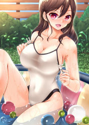 Rule 34 | 1girl, amasora taichi, breasts, brown hair, cleavage, covered navel, hair ornament, hairclip, highres, large breasts, long hair, one-piece swimsuit, original, red eyes, sitting, solo, swimsuit, unworn hair ornament, unworn hairclip, wading pool, water, wet