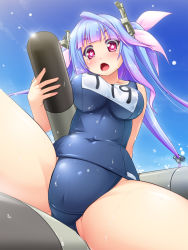 Rule 34 | 10s, 1girl, blue hair, breasts, halhal, highres, i-19 (kancolle), kantai collection, large breasts, one-piece swimsuit, open mouth, purple eyes, school swimsuit, spread legs, star-shaped pupils, star (symbol), swimsuit, symbol-shaped pupils, torpedo
