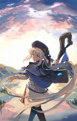 Rule 34 | 1girl, absurdres, artoria caster (fate), artoria caster (second ascension) (fate), artoria pendragon (fate), belt, beret, black bow, black pantyhose, black ribbon, blue belt, blue cloak, blue eyes, blue flower, blue hat, bow, bride, buttons, cloak, closed mouth, cloud, cloudy sky, fate/grand order, fate (series), flower, forest, grey hair, hair between eyes, hair ribbon, hat, highres, holding, holding staff, long hair, long sleeves, looking at viewer, morgan le fay (fate), nature, ornament, pantyhose, petals, ribbon, shirt, skirt, sky, solo, staff, star (sky), stone, aesc (fate), very long hair, white shirt, white skirt, yorktown cv-5