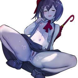 Rule 34 | 1girl, :d, anus, ascot, black footwear, black hair, black skirt, blouse, blush, bow, breasts, censored, colored skin, commentary request, cookie (touhou), cum, cum on body, cum on breasts, cum on hair, cum on legs, cum on upper body, dutch angle, full body, hair bow, highres, jiyu (jiyusi), looking at viewer, mary janes, mosaic censoring, navel, nipples, open clothes, open mouth, open shirt, pussy, pussy juice, red ascot, red bow, red umbrella, shirt, shoes, short hair, side ponytail, simple background, siyudi (cookie), skirt, small breasts, smile, solo, squatting, sweat, umbrella, unbuttoned, unbuttoned shirt, white background, white shirt, white skin