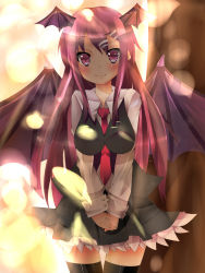 Rule 34 | &gt;:), 1girl, alza, bad id, bad pixiv id, bat wings, between breasts, black thighhighs, blush, breasts, buttons, demon wings, dress shirt, embodiment of scarlet devil, female focus, hair ornament, hair wings, hairclip, head wings, highres, impossible clothes, impossible shirt, koakuma, long hair, long sleeves, medium breasts, necktie, red eyes, red hair, red necktie, shirt, skirt, smile, solo, thighhighs, touhou, v-shaped eyebrows, v arms, vest, wings, zettai ryouiki