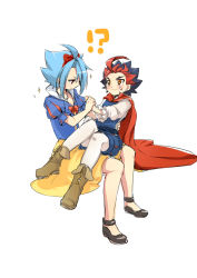 Rule 34 | !?, 2boys, blue hair, blush, cape, cosplay, eyebrows, forked eyebrows, jewelry, male focus, mikado gaou, multicolored hair, multiple boys, necklace, pantyhose, puff and slash sleeves, puffy sleeves, red eyes, ryuuenji tasuku, short sleeves, simple background, sitting, sitting on lap, sitting on person, skirt, smile, snow white (disney), snow white (disney) (cosplay), snow white and the seven dwarfs, the prince (disney), the prince (disney) (cosplay), tobi (one), two-tone hair, white background, yellow eyes