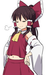 Rule 34 | 1girl, puff of air, armpits, blush, bow, breath, cowboy shot, detached sleeves, frilled bow, frilled shirt collar, frills, hair bow, hair tubes, hakurei reimu, hands on own hips, leon (mikiri hassha), long hair, long sleeves, md5 mismatch, navel, ponytail, red bow, red ribbon, red skirt, red vest, resolution mismatch, ribbon, ribbon-trimmed sleeves, ribbon trim, simple background, skirt, smug, solo, source larger, standing, stomach, touhou, vest, white background, wide sleeves