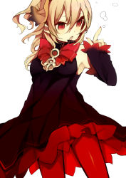 Rule 34 | 1girl, bad id, bad pixiv id, bare shoulders, blonde hair, curly hair, detached sleeves, dress, fantasy earth zero, gradient dress, hair between eyes, k (li), long hair, looking to the side, open mouth, ponytail, purple dress, red dress, red eyes, red legwear, simple background, solo
