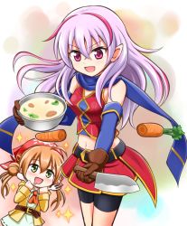 Rule 34 | 2girls, :d, ahoge, bowl, brown hair, carrot, double bun, drooling, food, fork, green eyes, holding, kitchen knife, long hair, looking at viewer, multicolored hair, multiple girls, navel, nichika (nitikapo), open mouth, original, pointy ears, purple eyes, purple hair, scarf, smile, soup, spoon, twintails, two-tone hair