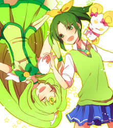Rule 34 | 10s, 1girl, bad id, bad pixiv id, bow, bowtie, candy (smile precure!), circlet, closed eyes, cure march, dress, dual persona, green eyes, green hair, green neckwear, green skirt, green sweater vest, green theme, hair bow, long hair, lying, magical girl, midorikawa nao, necktie, open mouth, pink bow, ponytail, precure, ribbon, school uniform, simple background, skirt, sleeves rolled up, smile, smile precure!, star (symbol), sweater vest, tiara, tri tails, wrist cuffs, yukiguni samui