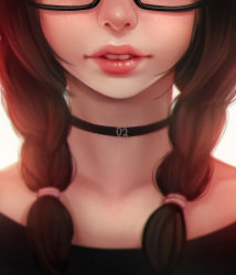 Rule 34 | 1girl, blurry, braid, brown hair, buck teeth, choker, close-up, depth of field, freckles, glasses, head out of frame, lips, long hair, magion02, ms.assistant, portrait, solo, teeth, twin braids